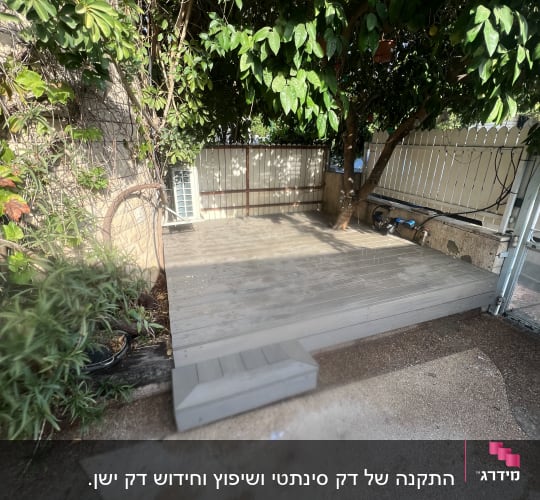 דק עץ בגינה עם צמחייה מסביב ועץ גדול